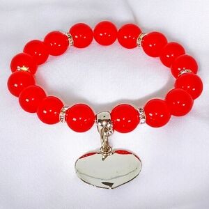 HP🎉🎉 Chunky Cherry Red Jade Bracelet with Silver Heart Charm Coquette Y2K Luxe